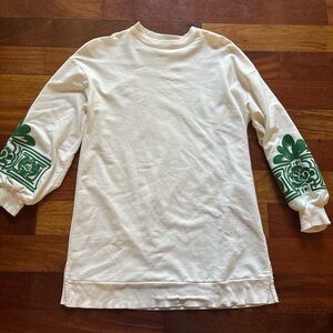 Womens Long Sleeve Cream Dress with Green Sleeve Prints